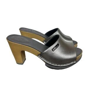 NoSox Polly Womens Retro Pin Up High Heel Sandals Metallic Silver Faux Wood Sz 9